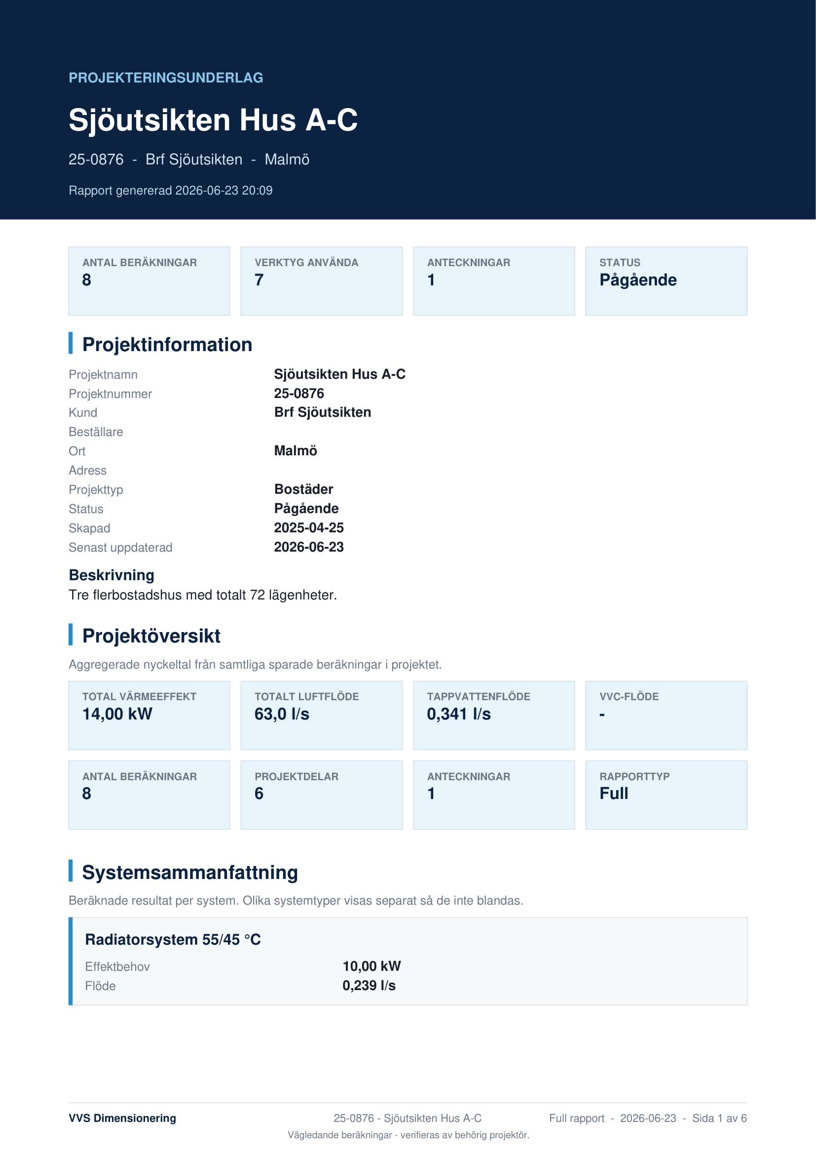 PDF-rapport från VVS Dimensionering
